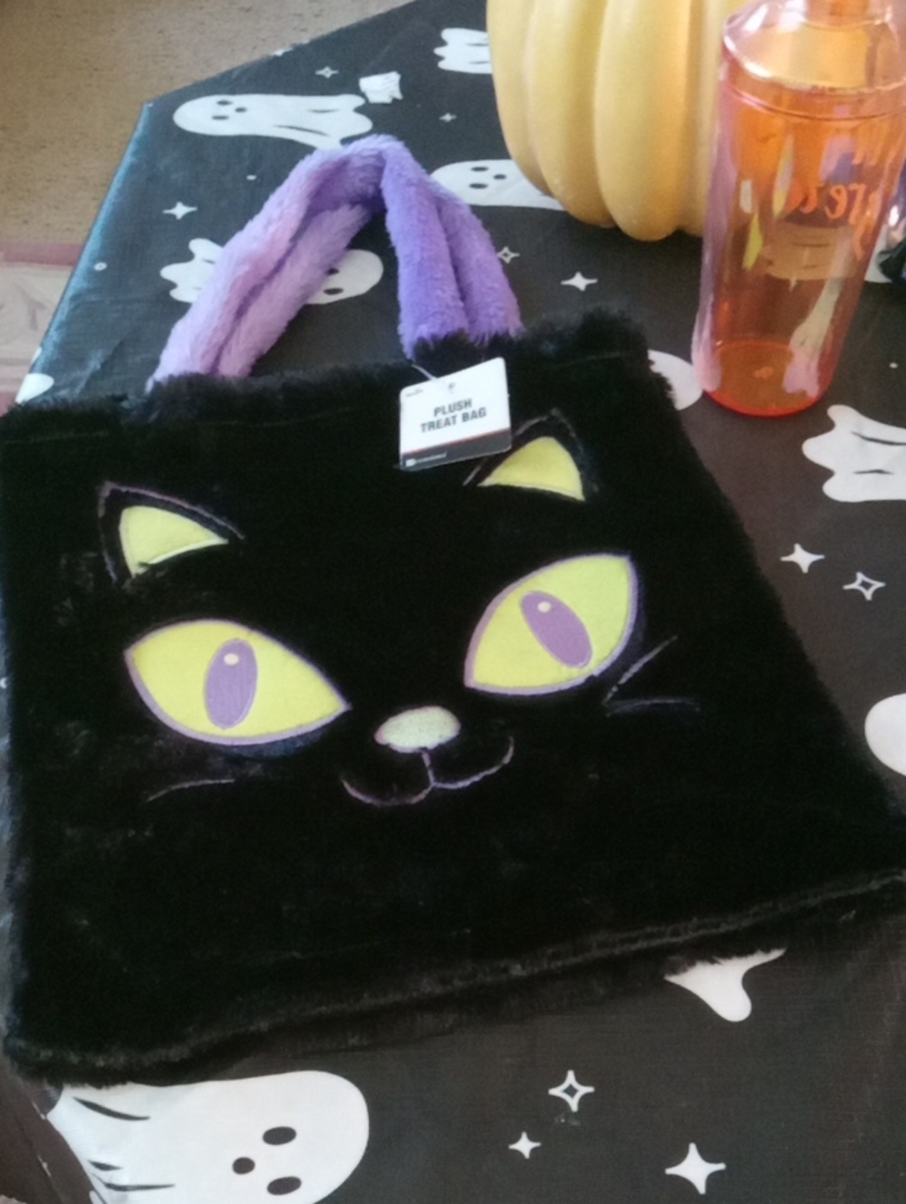 Plush Black Cat Kids Treat Bag with Purple Handles